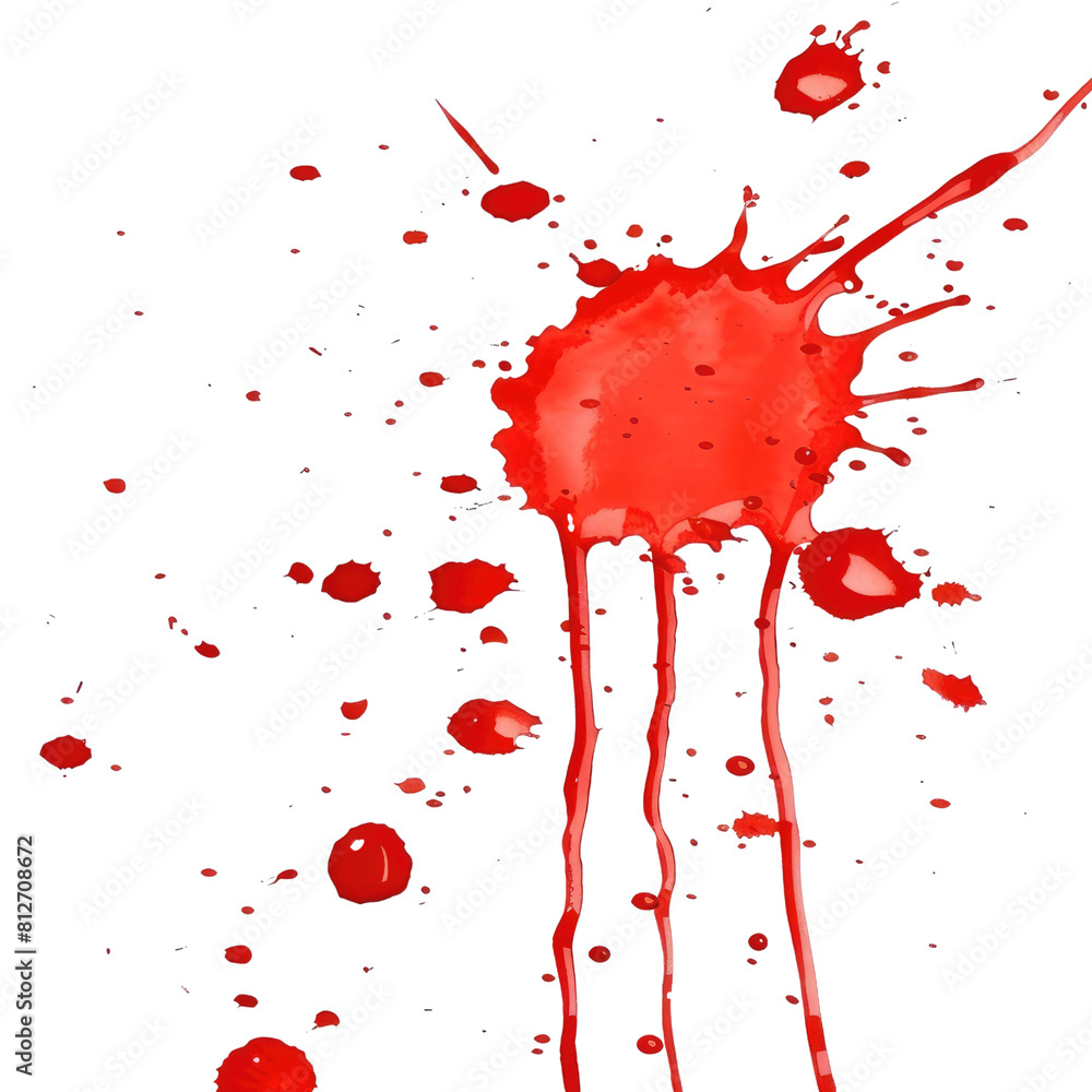 Poster a red splatter of paint on a white background. the splatter is messy and chaotic, with red paint dri