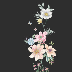 Nocturnal Blooms  Hand drawn Watercolor Floral Illustrations on Black Background