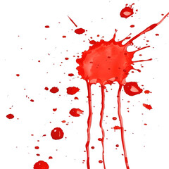 A red splatter of paint on a white background. The splatter is messy and chaotic, with red paint dripping down from the top and splattering all over the bottom. Scene is intense and dramatic