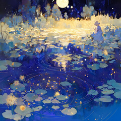 Serene Moonglow over Lush Lillypads: A Monet-Inspired Nighscape