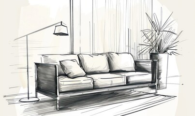 A hand-drawn artistic rendering of a designer living room space with a couch and lamp