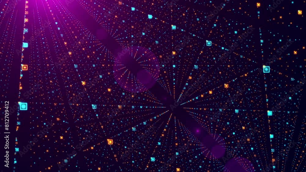 Poster abstract blue purple orange shiny geometric grids in 3d perspective featuring square hud particles m