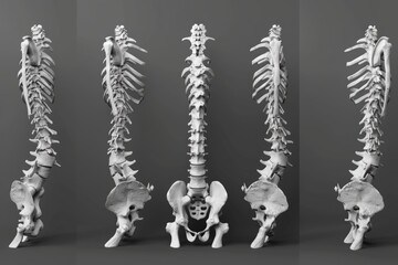 Three different angles of a human skeleton. Suitable for educational purposes