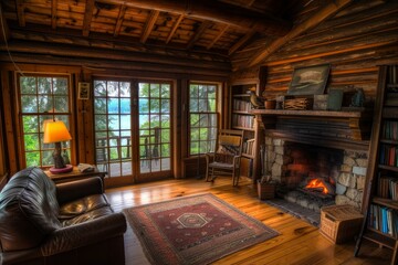 Fototapeta premium Warm and inviting cabin living room with a lit fireplace and panoramic view of the lake