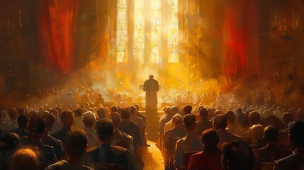 Depict a Protestant pastor delivering a sermon to a diverse congregation, emphasizing unity and faith