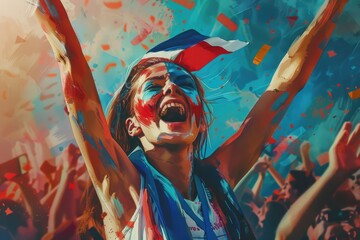 Obraz premium A painting of a woman with her hands raised. Suitable for various projects