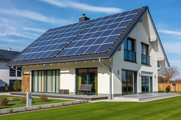 solar panels on a roof, Step into the future of sustainable living with this stunning depiction of a new suburban house boasting a photovoltaic system