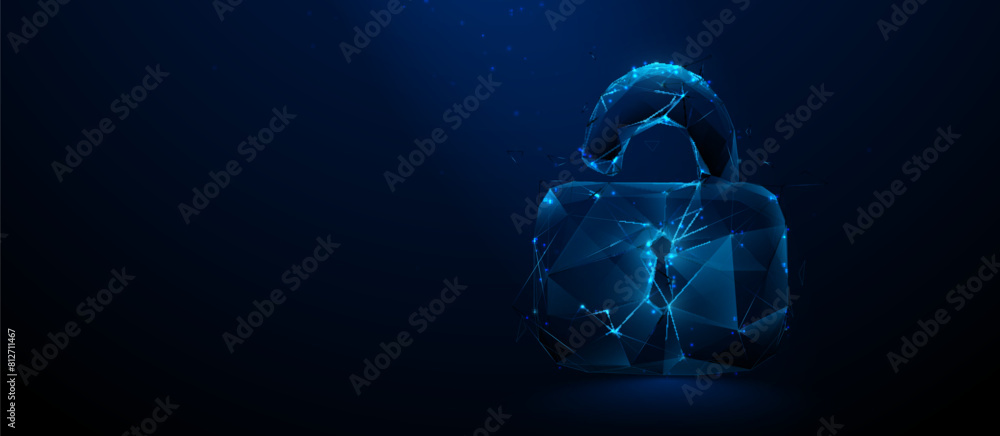 Fototapete cyber security concept. lock symbol from lines and triangles, point connecting network on blue backg