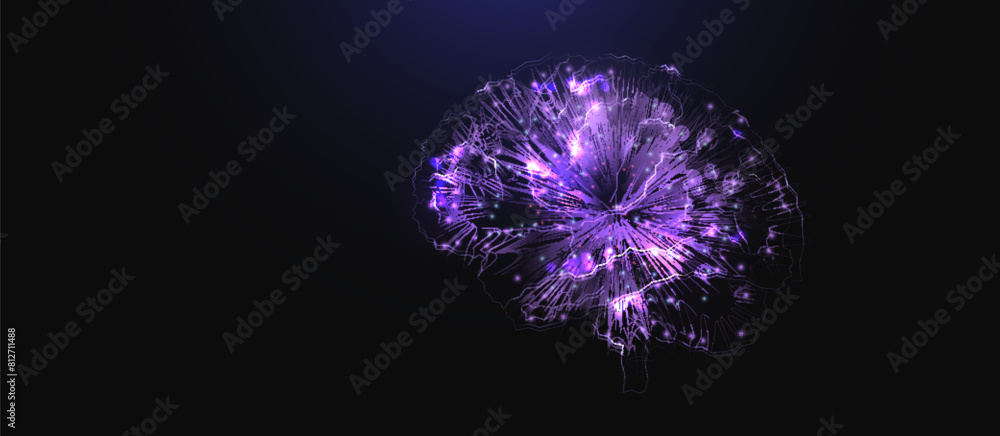Poster human brain with blue and purple neural connection lines and glowing. colorful brain. vector illustr