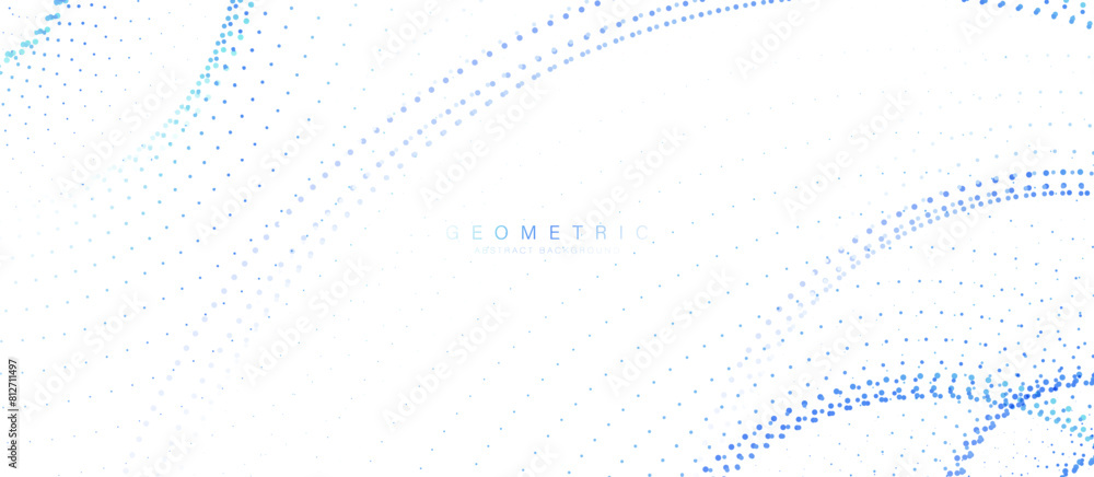 Poster Abstract background with white, and blue geometric circles and particle lines. Modern minimal trendy lines pattern horizontal. Vector illustration
