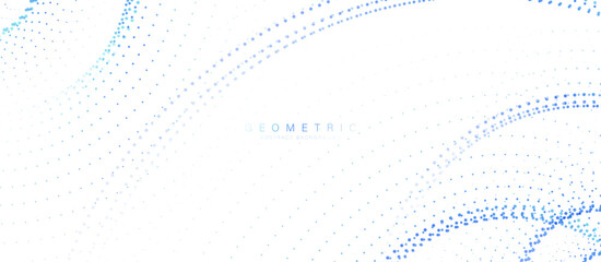 Abstract background with white, and blue geometric circles and particle lines. Modern minimal trendy lines pattern horizontal. Vector illustration