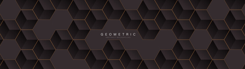 Abstract dark hexagon pattern background with gold lines. Futuristic digital hi-technology horizontal banner. Vector illustration