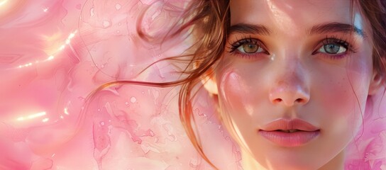 A beautiful woman with watercolor paint against a pink background, her dreamy face portrayed in pastel colors with soft lighting in a closeup portrait, delicate lines and shapes creating a dreamlike a