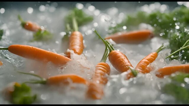 Fresh carrot splash in water and ice. food concept 