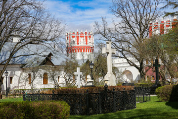 Novodevichy convent in spring. Moscow. Russia. April, 2024. Crosses on the graves.