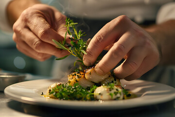 a chef's hands garnishing a gourmet dish with fresh herbs, showcasing the art of culinary presentation