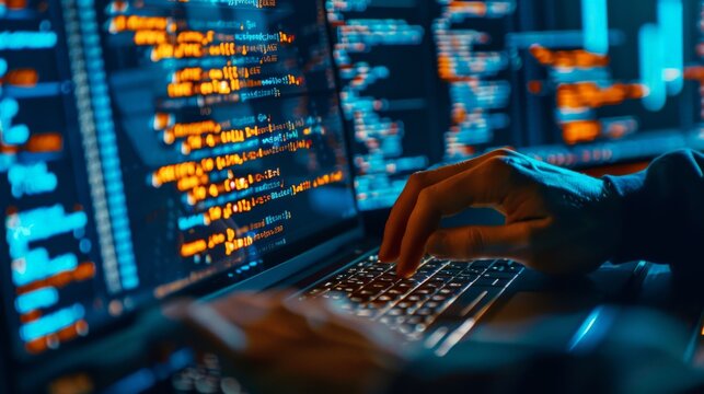 In the photo you can see a person typing on the keyboard. There are lines of code on the screen. The person is wearing a black hoodie. The background is dark.