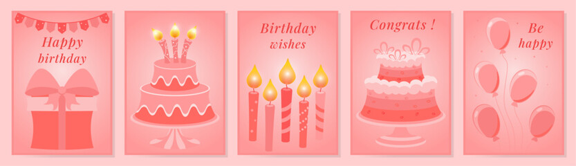 Set of pink birthday cards, vector. Candles, cake, gift, balloons in monochrome.