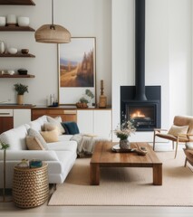 Cozy modern living room with white sofa, wooden coffee table near fireplace and wood stacked on the wall.