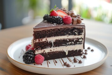 Delicious slice of chocolate layer cake garnished with juicy strawberries, raspberries, and blackberries