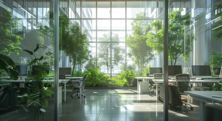 Naklejka premium The office space is spacious, bright and modern with a white ceiling, large windows on the right side overlooking greenery outside. The floor has light grey carpeting.