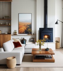 Cozy modern living room with white sofa, wooden coffee table near fireplace and wood stacked on the wall. - obrazy, fototapety, plakaty
