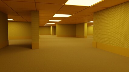 Backrooms empty room liminal spaces abstract hall corridors yellow carpet walls light ceiling floor horror creepy atmosphere back rooms © Dmytro