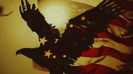 Artistic Representation of American Eagle and Flag in Double Exposure - obrazy, fototapety, plakaty