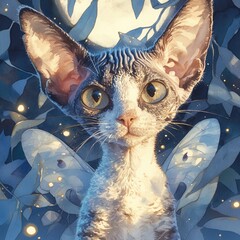 Devon Rex with fairy wings, watercolor, moonlit glade, playful antics, front view, ethereal glow , realistic watercolor - obrazy, fototapety, plakaty