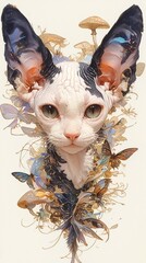 Cornish Rex with fairy wings, watercolor, mushroom circle, mischievous smile, front view, twilight magic , realistic watercolor - obrazy, fototapety, plakaty