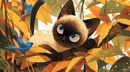 Burmese cat with parrot wings, watercolor, tropical forest, playful curiosity, eye level, vibrant foliage , illustration style - obrazy, fototapety, plakaty