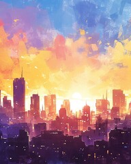 City skyline at sunset, watercolor, silhouette against vibrant sky, reflective buildings, wide angle , minimalist - obrazy, fototapety, plakaty