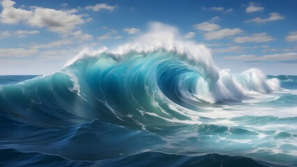 The enormous, smashing blue wave in the ocean, which demonstrates the ocean's tremendous energy and beauty in action, symbolizes the strength and might of nature.