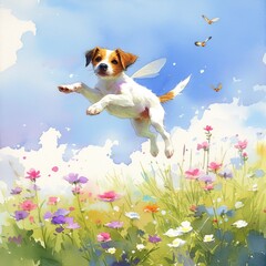 Jack Russell Terrier with bee wings, watercolor, meadow of flowers, jumping high, eye level, bright noon , minimalist - obrazy, fototapety, plakaty
