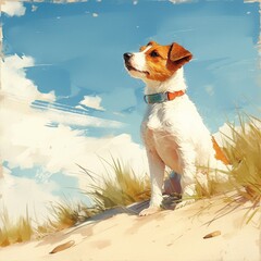 Jack Russell Terrier, beach scene, watercolor, lively energy, side view, sandy textures - obrazy, fototapety, plakaty