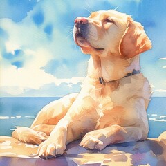 Labrador, beach scene, watercolor, golden hour light, side angle, happy demeanor , realistic watercolor - obrazy, fototapety, plakaty
