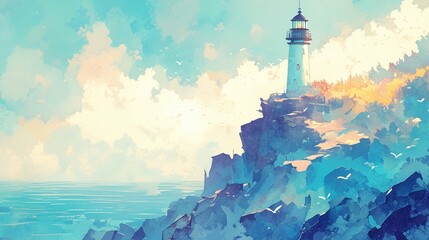 Lighthouse on cliff, watercolor, foggy morning, isolated beauty, soft haze, panoramic view , illustration style - obrazy, fototapety, plakaty