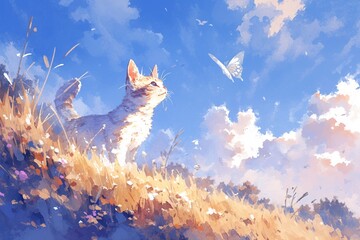 Manx cat with butterfly wings, watercolor, meadow at sunrise, leaping joyfully, eye level, pastel sky , illustration style - obrazy, fototapety, plakaty