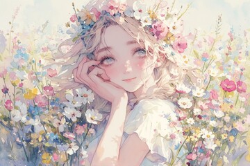 Maltese, floral garden, watercolor, pastel colors, front angle, delicate pose, blooming backdrop , illustration style - obrazy, fototapety, plakaty