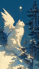 Norwegian Forest Cat with snowy owl wings, watercolor, winter landscape, exploring, side angle, crisp dawn , illustration style - obrazy, fototapety, plakaty