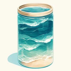 Ocean view in jar, watercolor, turquoise waves, sandy beach, on white, golden hour glow , minimalist - obrazy, fototapety, plakaty