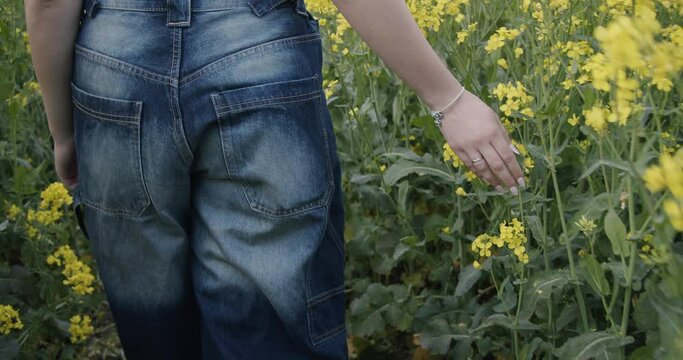 Ein M&auml;dchen geht durch ein Rapsfeld und ber&uuml;hrt die Pflanze mit der Hand