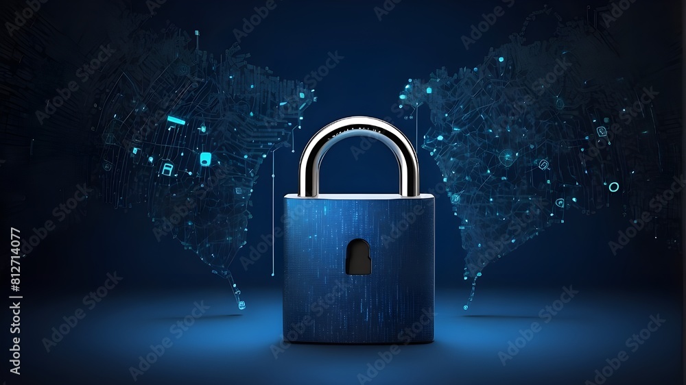 Poster cybersecurity is represented by the dark blue background with the digital padlock, emphasizing how c