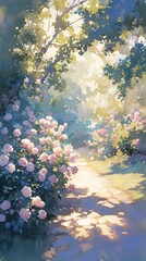 Rose garden, watercolor, variety of colors, soft summer light, eye level, romantic atmosphere , realistic watercolor - obrazy, fototapety, plakaty