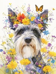 Schnauzer with pixie wings, watercolor, enchanted garden, curious sniff, front view, vibrant flowers , realistic watercolor - obrazy, fototapety, plakaty