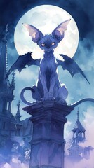 Sphynx cat with bat wings, watercolor, moonlit night, atop a rooftop, front view, eerie glow , minimalist - obrazy, fototapety, plakaty