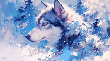 Siberian Husky, snowy background, watercolor, cool blues, side view, intense eyes , illustration style - obrazy, fototapety, plakaty