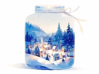 Snowy village in jar, watercolor, warm lights from windows, on white, peaceful night , realistic watercolor - obrazy, fototapety, plakaty