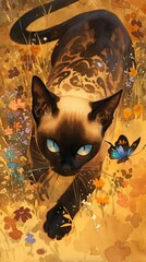 Tonkinese cat with butterfly wings, watercolor, vibrant garden, midpounce, eye level, playful energy , realistic watercolor - obrazy, fototapety, plakaty