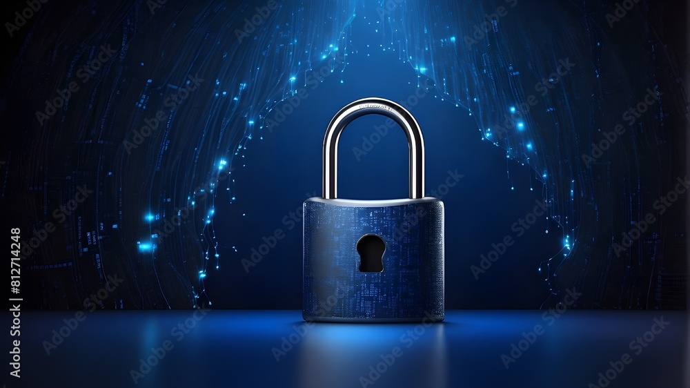 Poster dark blue backdrop with digital padlock for computer system, cyber security technology for preventin